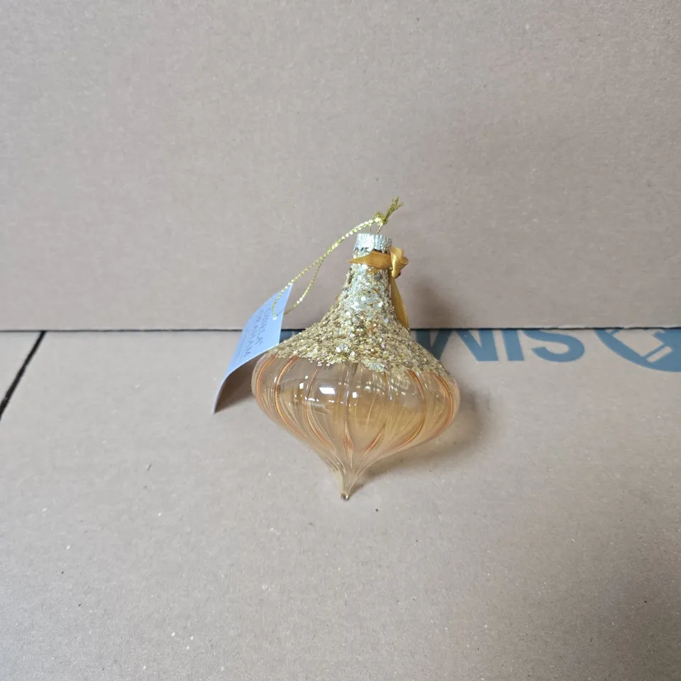 SET OF 12 X GISELA GRAHAM LONDON GLASS CHRISTMAS HANGING ORNAMENTS – GLITTERED TEARDROP WITH GOLD RIBBON BOXED