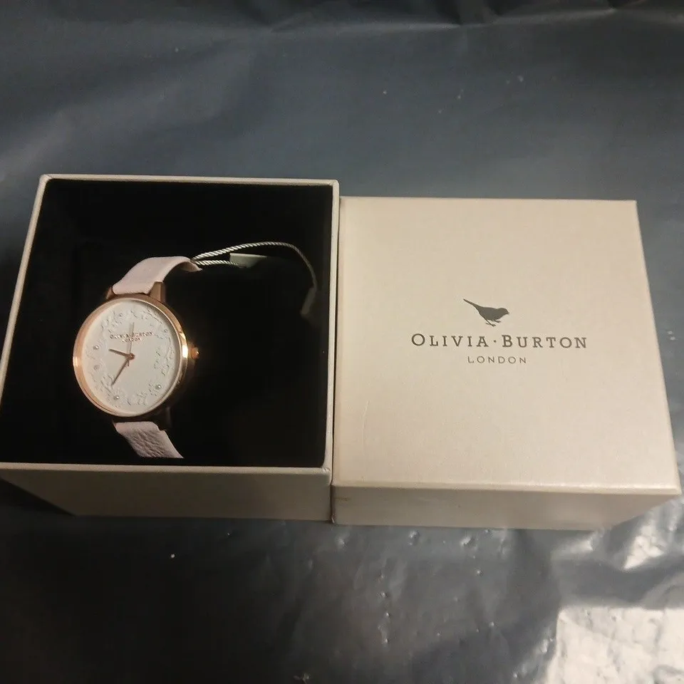BOXED OLIVIA BURTON WHITE DIAL WATCH WITH PALE PINK LEATHER STRAP