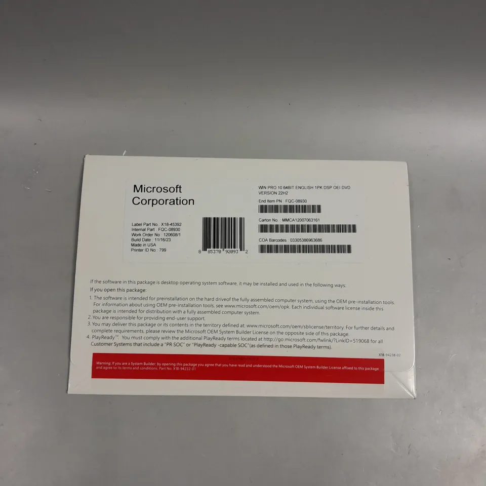 SEALED MICROSOFT WINDOWS 10 PRO 64-BIT OPERATING SYSTEM