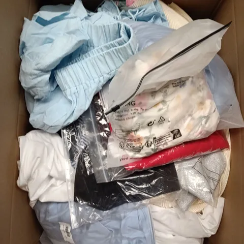 LARGE BOX OF APPROXIMATELY 25 ASSORTED CLOTHING ITEMS IN VARIOUS COLOURS, STYLES AND SIZES - COLLECTION ONLY