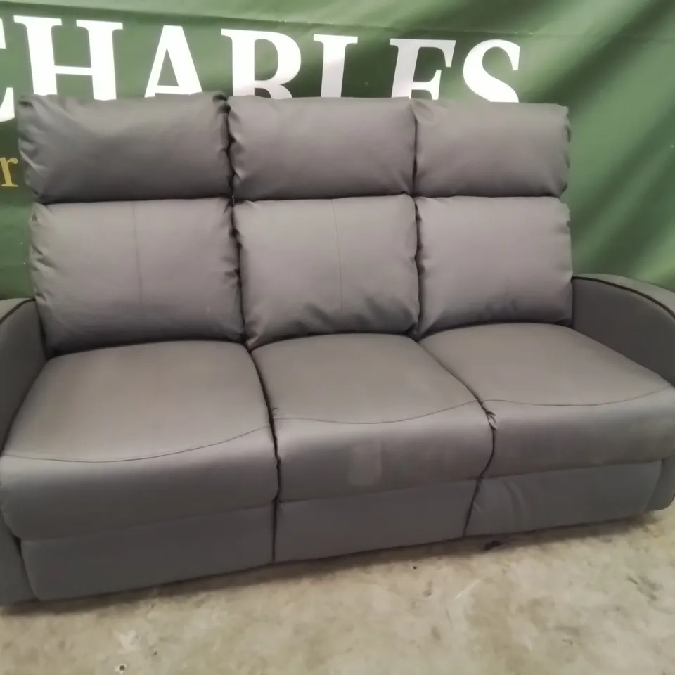 DESIGNER THREE SEATER MANUAL RECLINING SOFA GREY FAUX LEATHER WITH BLACK PIPING