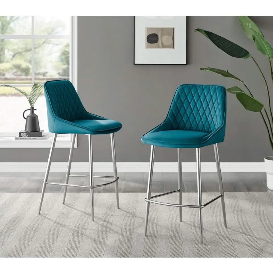 BOXED SET OF 2 LUXURY QUILTING VELVET BREAKFAST BAR CHAIRS BLUE/SILVER (1 BOX)