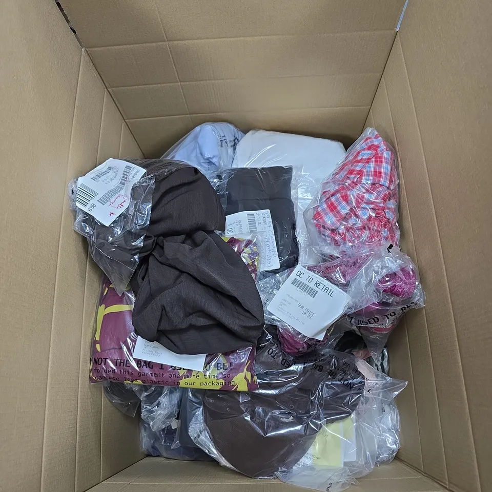 BOX OF APPROXIMATELY 25 ASSORTED CLOTHING ITEMS OF VARIOUS SIZES AND STYLES