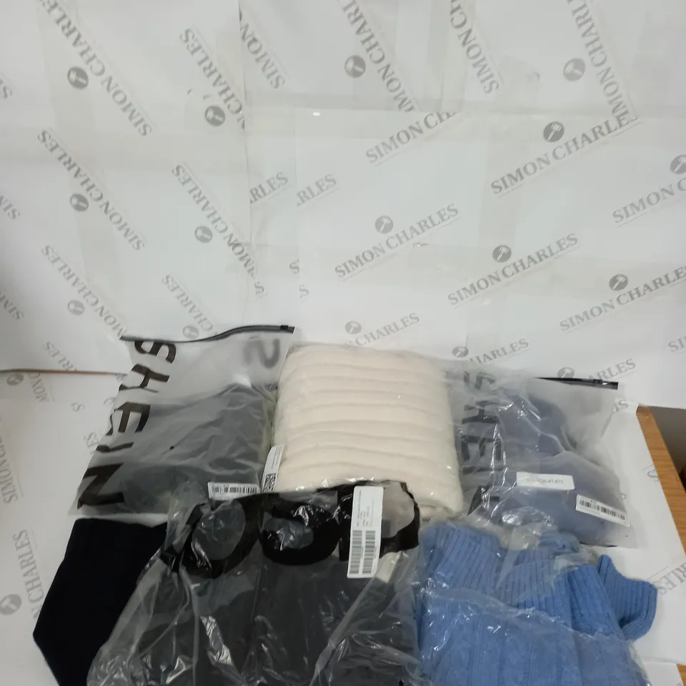 LARGE BOX OF ASSORTED CLOTHING ITEMS IN VARIOUS COLOURS AND SIZES INCLUDING TROUSERS , TOPS AND JUMPERS 