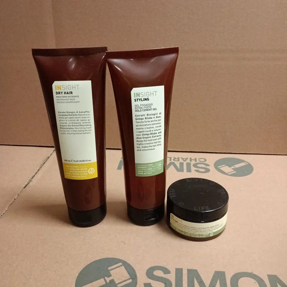 BOX OF APPROXIMATELY 8 INSIGHT HAIRCARE PRODUCTS TO INCLUDE STYLING PASTE, NOURISHING MASK AND HOLD CEMENT GEL