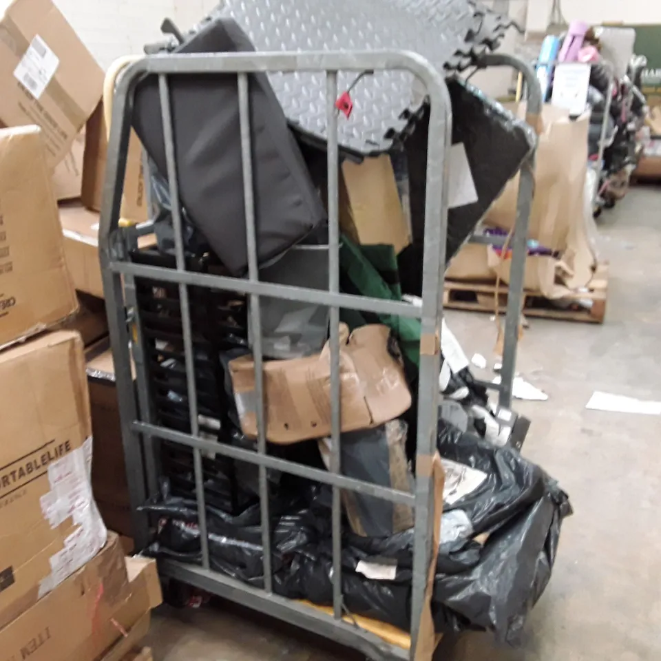 CAGE TO INCLUDE AN ASSORTMENT OF HOUSEHOLD ITEMS, FOAM MATTS TRASH CANS, SOFT SHELL SUITCASES ECT