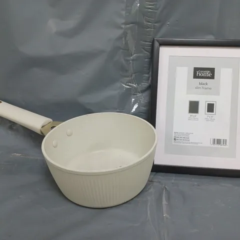 BOX OF APPROXIMATELY 10 ASSORTED HOUSEHOLD ITEMS TO INCLUDE SAUCEPAN, SLIM BLACK PHOTO FRAME, ETC - COLLECTION ONLY