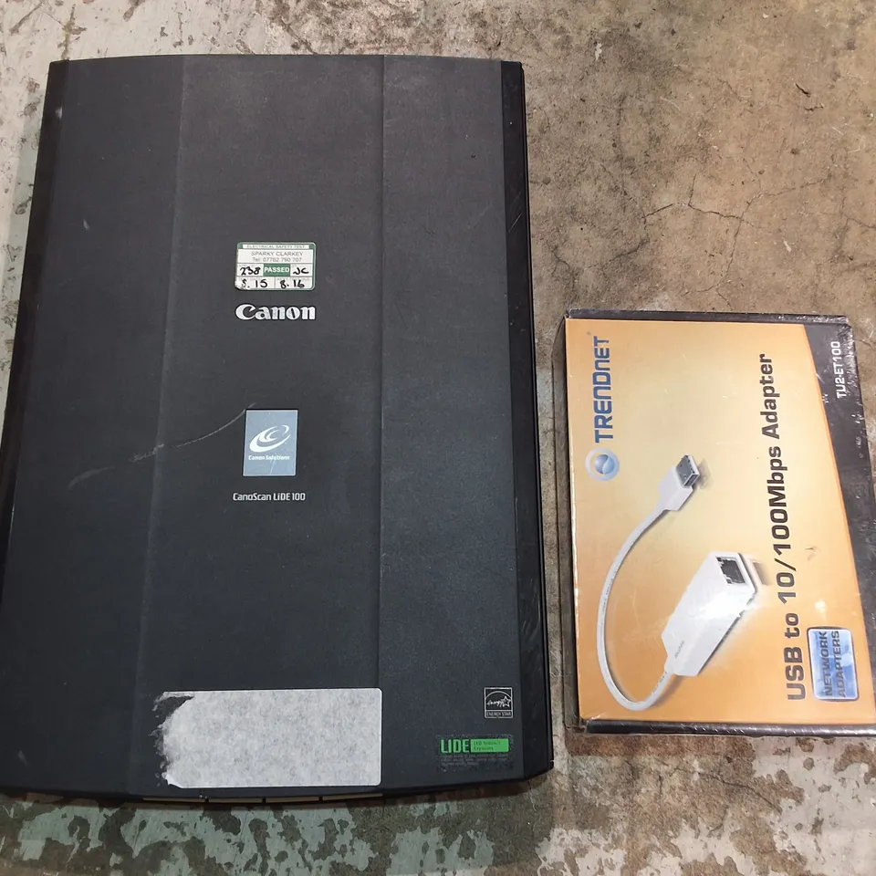 LOT OF 3 ASSORTED TECH ITEMS INCLUDES CANON LIKE 100 SCANNER, TRENDNET ADAPTER AND DAMAGED IIYAMA MONITOR