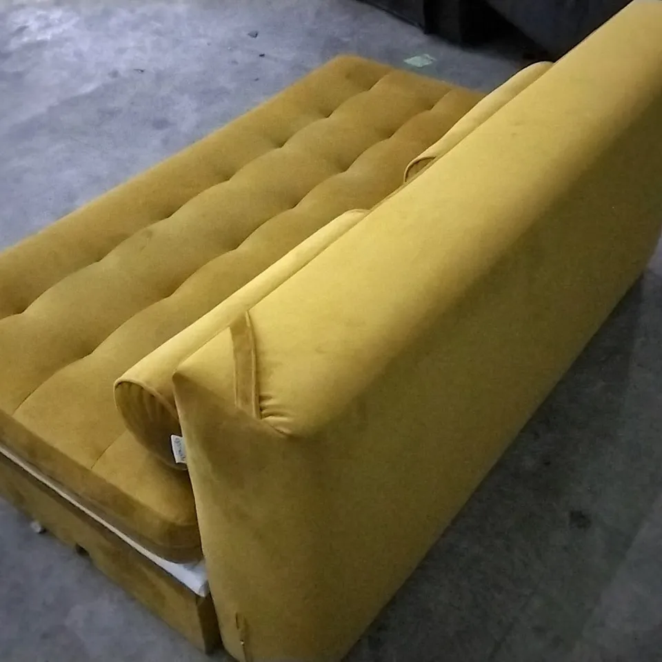 DESIGNER MUSTARD PLUSH VELVET SMALL SOFABED WITH STROLL CUSHIONS (SIDES MISSING)