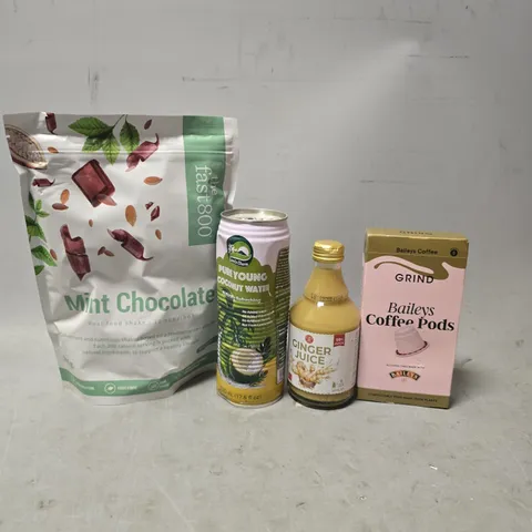 APPROXIMATELY 8 ASSORTED FOOD & DRINK ITEMS TO INCLUDE - GRIND BAILEYS COFFEE PODS , YOUNG COCONUT WATER ETC
