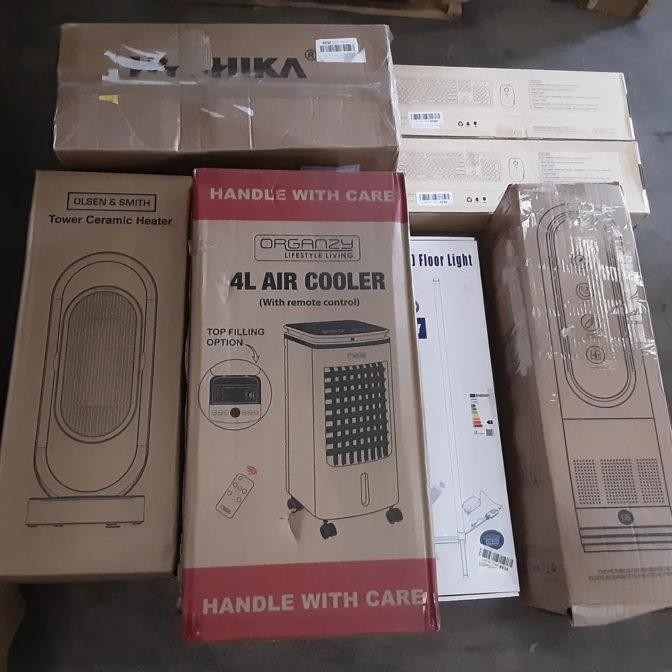 PALLET OF ASSORTED PRODUCTS INCLUDING COMBO TUNGSTEN KEYBOARD AND MOUSE, ACOOLIR BLADLESS FAN, ZVOX TV SPEAKER, ORGANZY  4L AIR COOLER, LED FLOOR LIGHT, OLSEN & SMITH TOWER CERAMIC FAN 