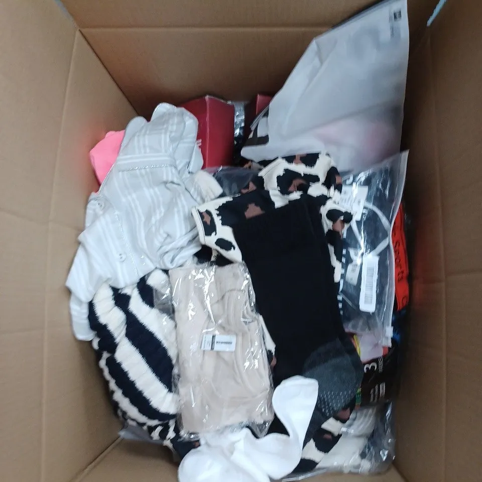 BOX OF ASSORTED CLOTHING ITEMS TO INCLUDE SOCKS, TOPS, PYJAMAS ETC 