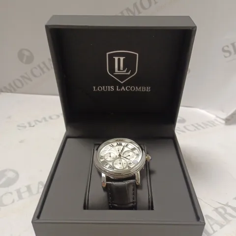 MENS LOUIS LACOMBE CHRONOGRAPH WATCH – MULTI FUNCTION DIAL WITH DATE – ROMAN NUMERAL DIAL – LEATHER STRAP