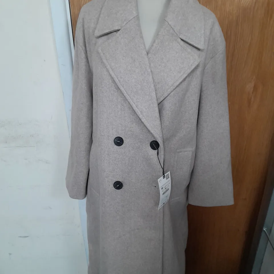ZARA LONG DOUBLE BREASTED FAUX WOOL COAT IN GREY/BEIGE SIZE M