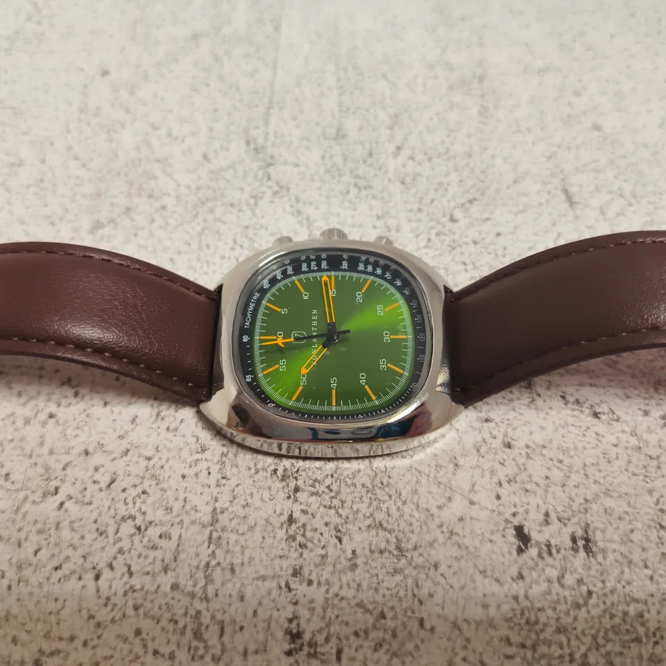 VONLANTHEN STAINLESS STEEL CASE WRISTWATCH – GREEN DIAL, BROWN LEATHER STRAP