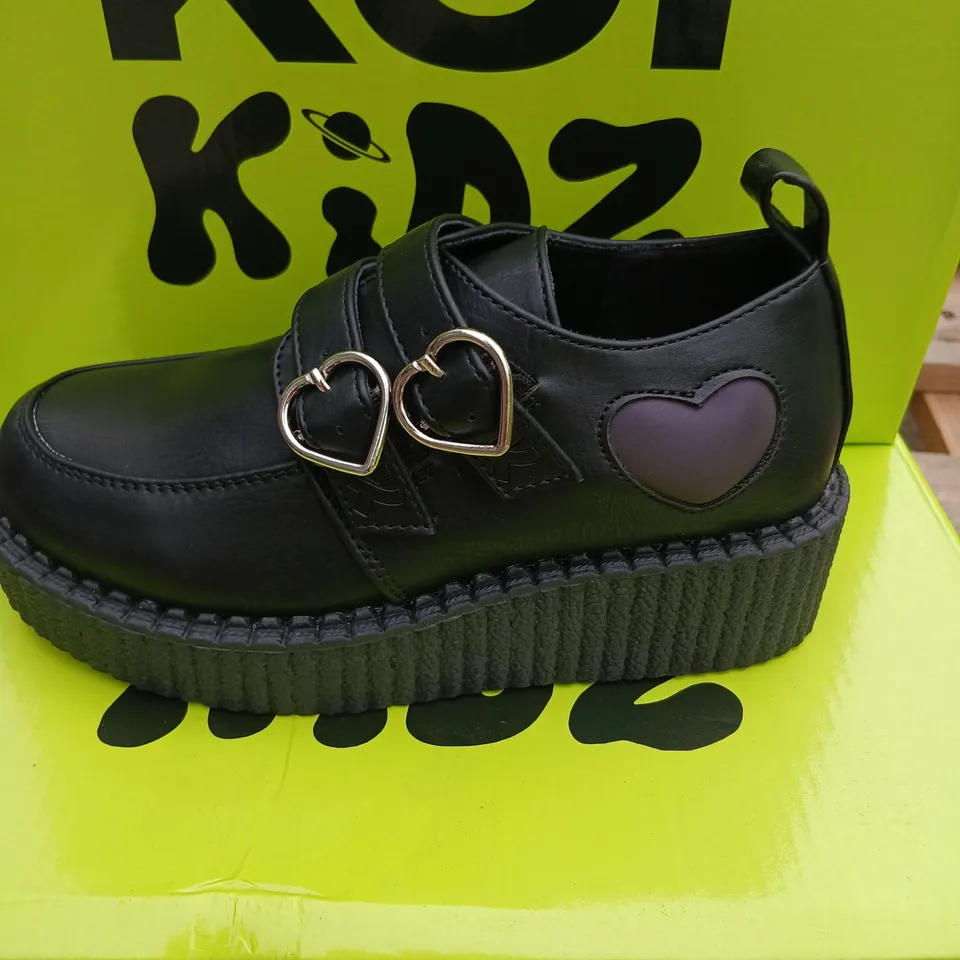 KOI KIDZ DREAM ADVENTURES KIDS CHUNKY SHOES - BLACK WITH HEART BUCKLES, PURPLE HEART PATCH, UK 1