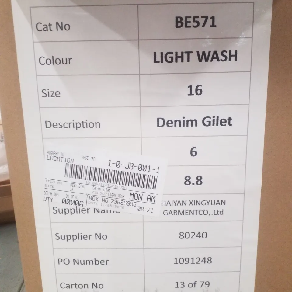 BOX CONTAINING APPROXIMATELY 6 BRAND NEW SIMPLY BE BLUE REGULAR SLEEVELESS DENIM GILETS - SIZE 16