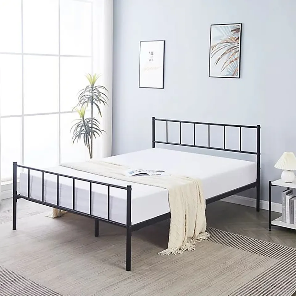 BOXED BLACK DOUBLE METAL BED FRAME WITH HIGH HEADBOARD AND LARGE STORAGE SPACE (1 BOX)