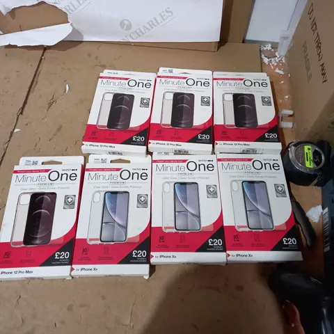 LOT OF 7 TECH 21 MINUTE ONE CLEAR IPHONE XR, IPHONE 12 PRO MAX CASES