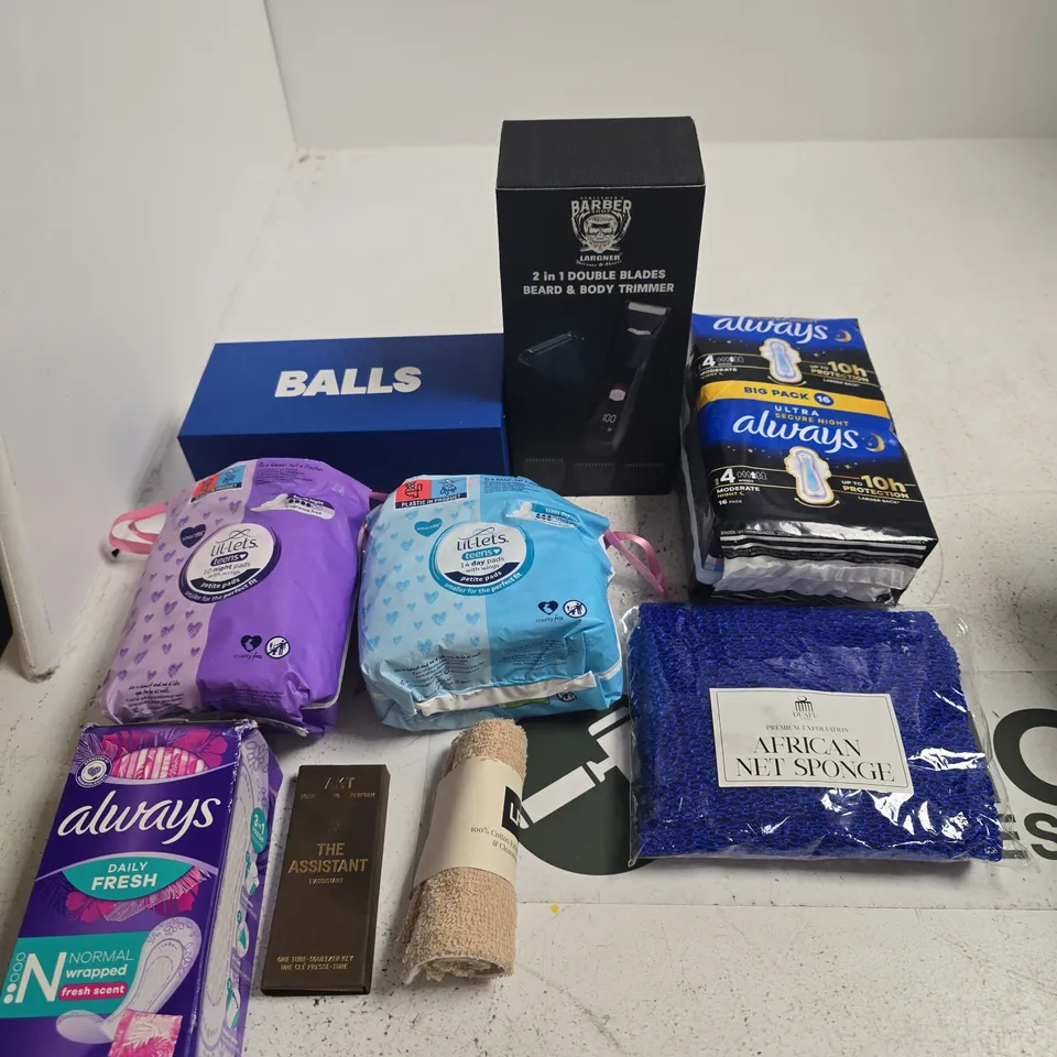TOTE OF APPROXIMATELY 10 ASSORTED ITEMS INCLUDING AN AFRICAN NET SPONGE, ALWAYS ULTRA SECURE NIGHT AND LIL-LETS TEENS PADS