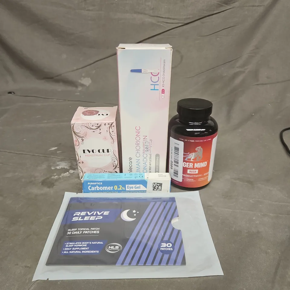 TOTE OF APPROXIMATELY 20 ASSORTED HEALTHCARE PRODUCTS TO INCLUDE PREGNANCY TESTS - REVIVE SLEEP PATCHES AND CARBOMER 0.2% EYE GEL