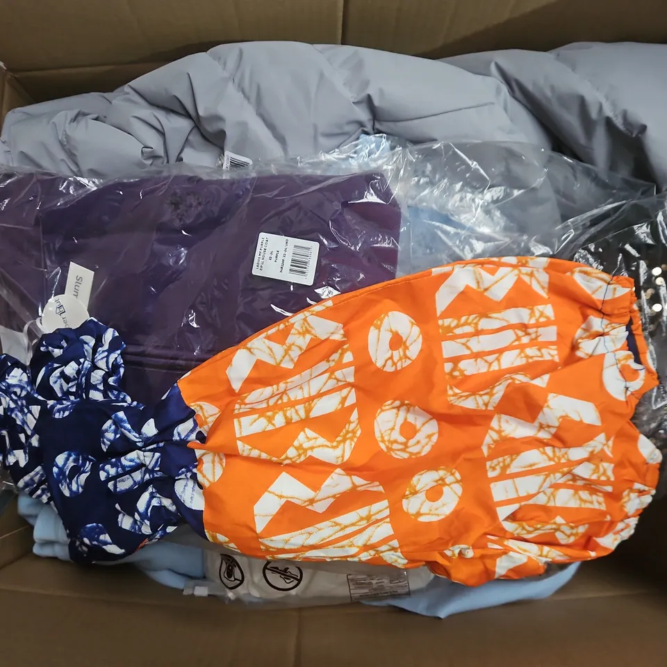 LARGE BOX OF APPROXIMATELY 25 ASSORTED CLOTHING ITEMS IN VARIOUS COLOURS, STYLES AND SIZES - COLLECTION ONLY