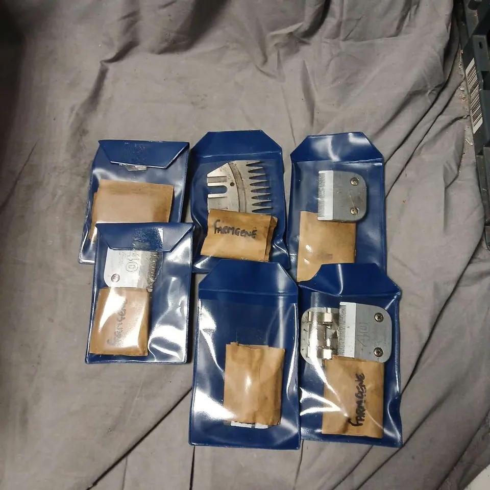 SIX BLUE POUCHES CONTAINING METAL BLADE ATTACHMENTS RT ANTHONY BRAND
