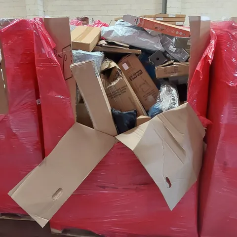 PALLET OF ASSORTED HOUSEHOLD GOODS AND PRODUCTS TO INCLUDE; BEDSIDE COMMODE CHAIR AND TOILET SEAT, PAPER TOWELS, BOXED FURNITURE ETC
