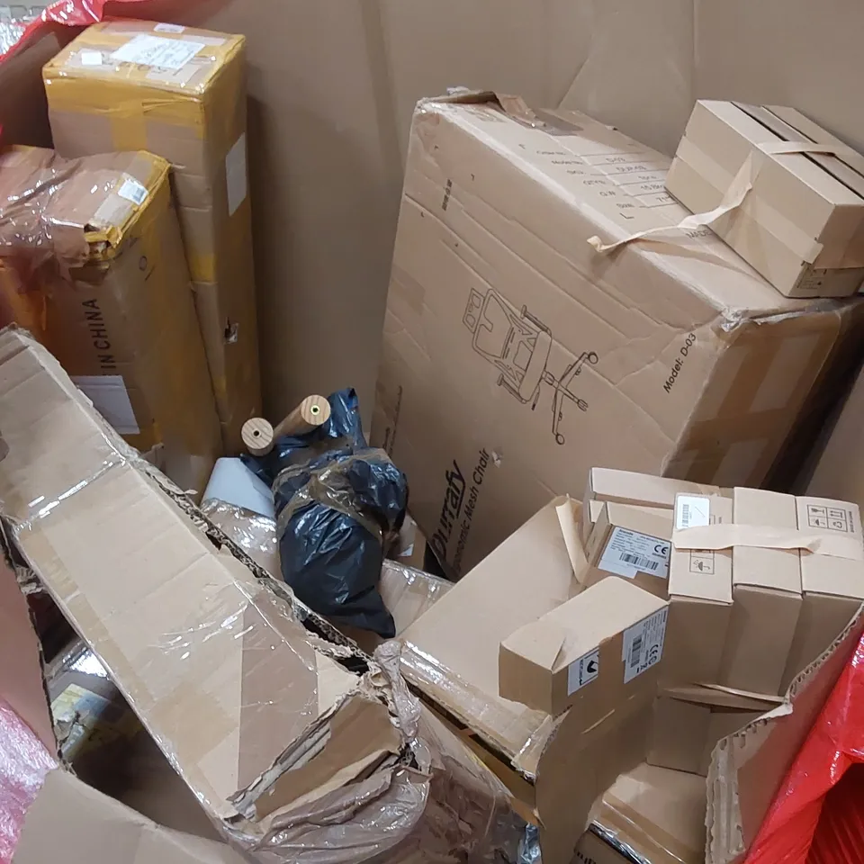 PALLET OF ASSORTED HOUSEHOLD ITEMS AND CONSUMER PRODUCTS. INCLUDING; PET STAIRS, SAND AND WATER TABLE, ELLIPTICAL PEDAL EXERCISER, OFFICE CHAIR ETC. 