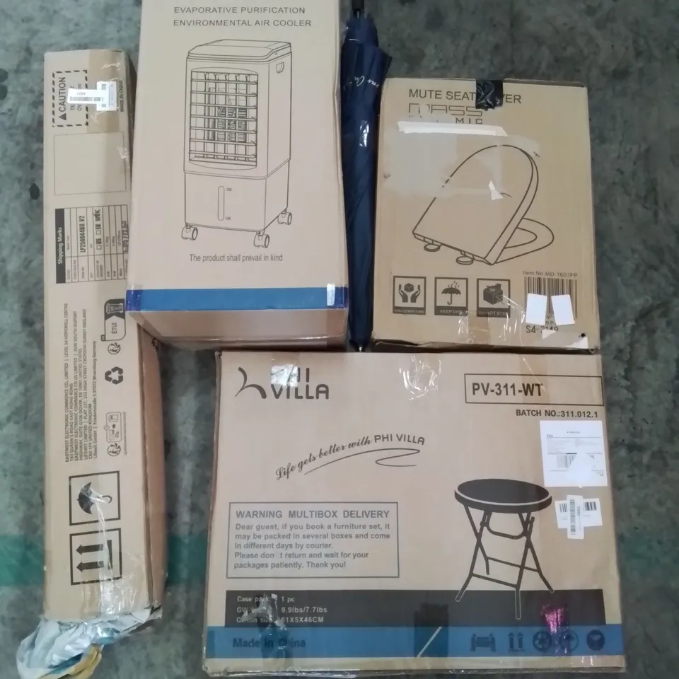 PALLET OF ASSORTED ITEMS INCLUDING AIR COOLER, TOILET SEAT, UMBRELLA, BEACH TENT, ROUND GARDEN TABLE