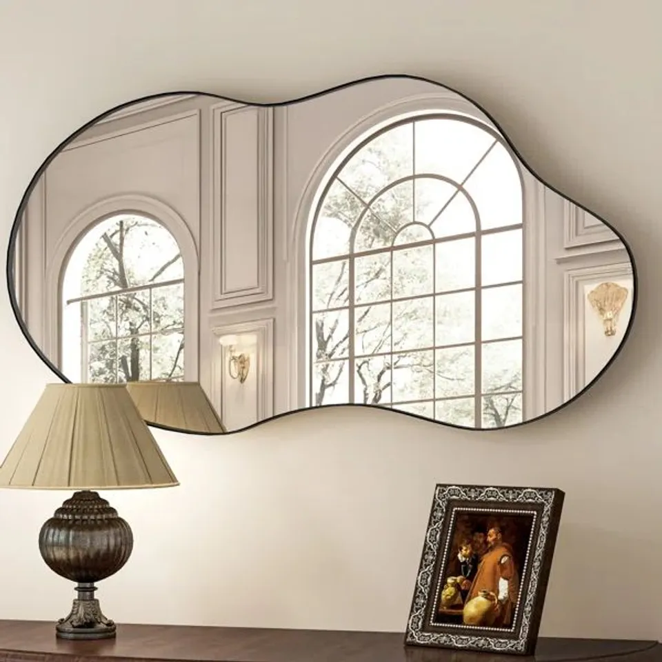 BOXED IRREGULAR METAL FRAMED WALL MIRROR, ASYMMETRICAL MIRROR FOR BATHROOM