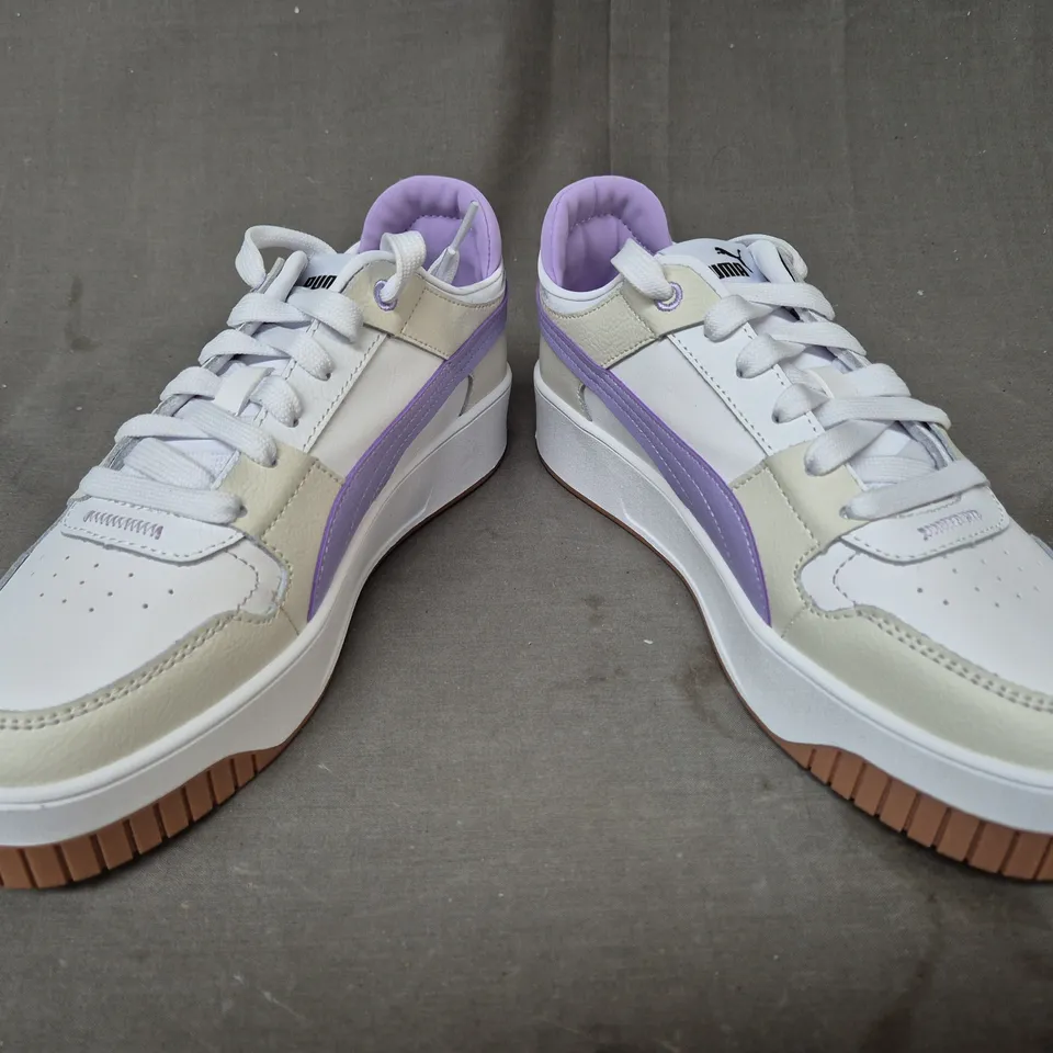 BOXED PAIR OF PUMA CARINA STREET SHOES IN WHITE/CREAM/PURPLE UK SIZE 7