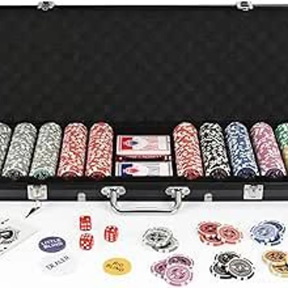 BOXED DISPLAY4TOP TEXAS HOLDEM POKER CHIPS SET WITH ALUMINUM CASE,2 DECKS OF CARDS, DEALER, SMALL BLIND, BIG BLIND BUTTONS AND 5 DICE (500 PIECE CHIPS)