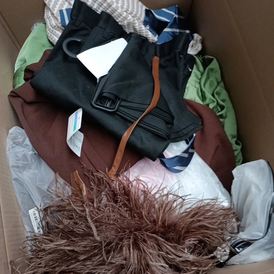 BOX OF APPROXIMATELY 25 ASSORTED CLOTHING ITEMS TO INCLUDE M&S TROUSERS, RIVER ISLAND TROUSERS, ASOS ETC