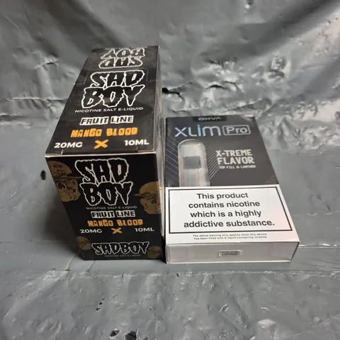 APPROXIMATELY 12 ASSORTED E-CIGARETTE PRODUCTS TO INCLUDE SAD BOY E-LIQUID & XLIM PRO POD