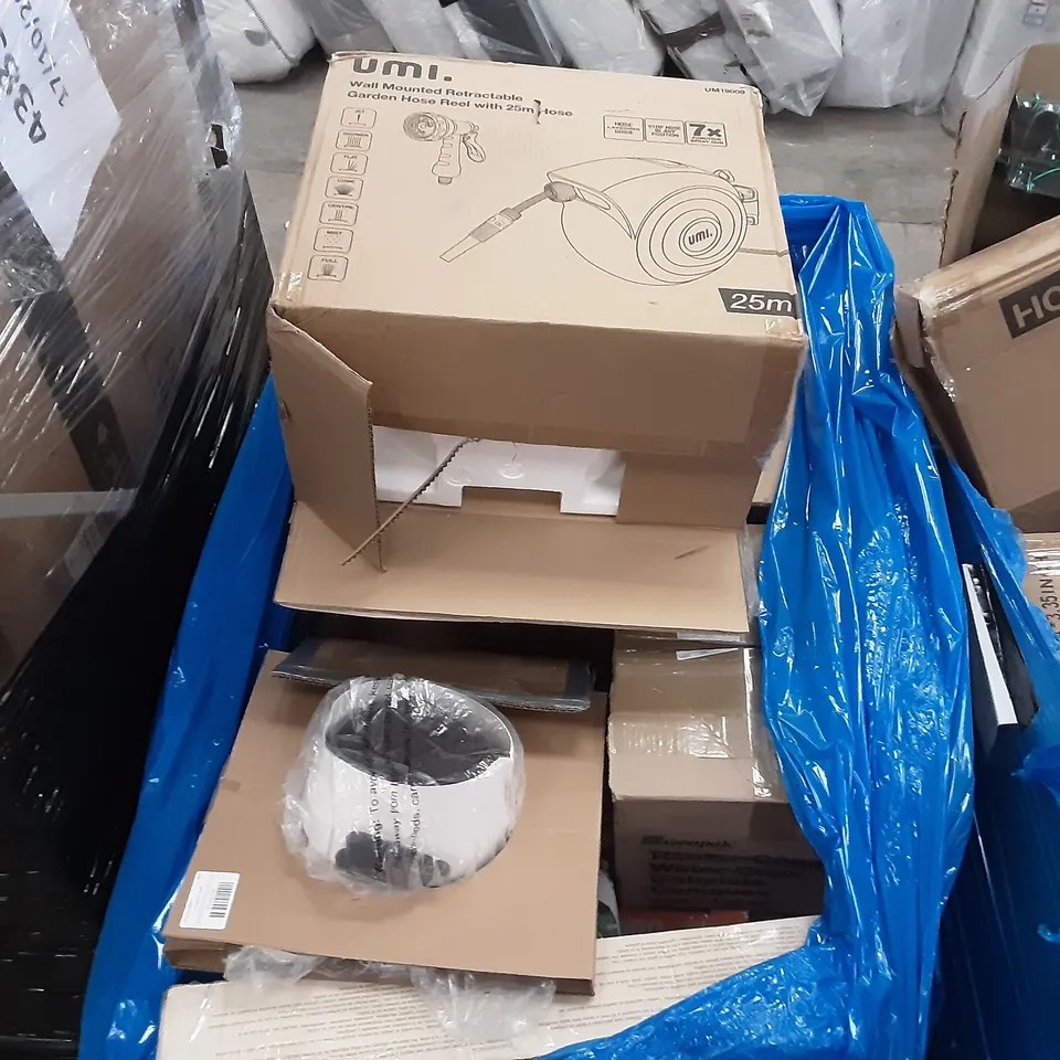 PALLET OF ASSORTED PRODUCTS INCLUDING UMI WALL MOUNTED RETRACTABLE GARDEN HOSE REEL WITH HOSE, WOOL FEDORA HAT, XJD CHILDREN'S TRIKE, PAXCESS PRESSURE WASHER, MASTHOME SQUEEZE SPONGE MOP 