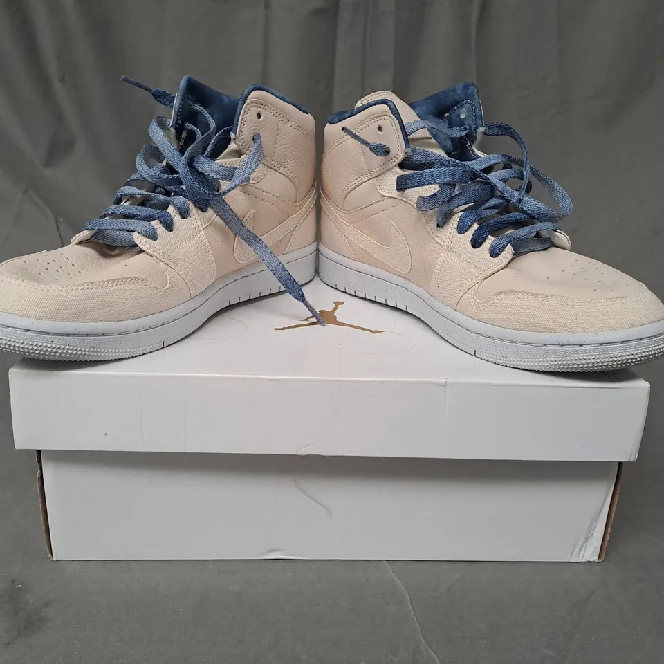 BOXED PAIR OF NIKE AIR JORDAN 1 MID SHOES IN CREAM/NAVY UK SIZE 6.5