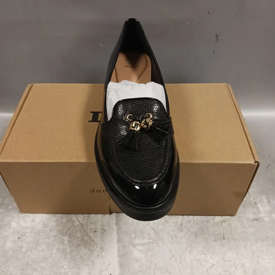 BOXED PAIR OF DUNE GRAPE TASSEL SLIP ON SHOES IN BLACK - 6