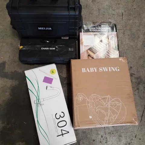 PALLET CONTAINING ASSORTED PRODUCTS INCLUDING STAINLESS STEEL FAUCET, BABY SWING, CHAINSAW, KITCHEN TABLEWARE STORAGE BOX & WATERPROOF PROTECTIVE CASE
