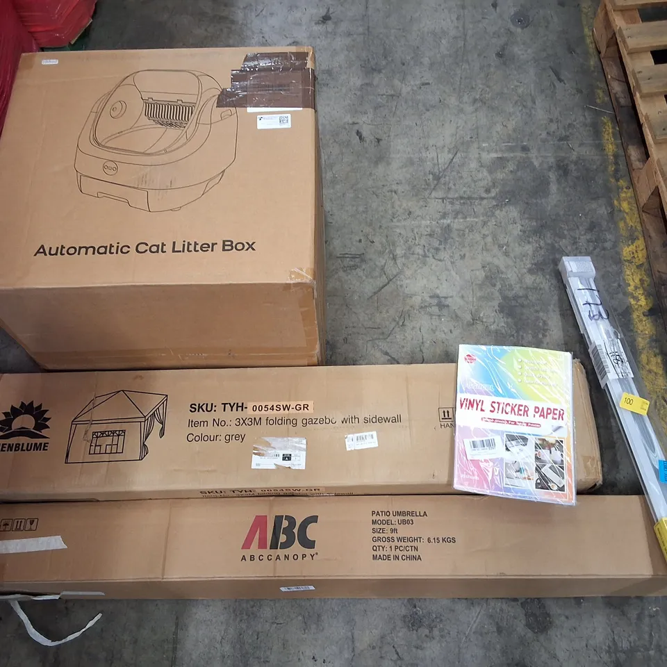 PALLET CONTAINING ASSORTED PRODUCTS INCLUDING AUTOMATIC CAT LITTER BOX, 3×3M FOLDING GAZEBO, VINYL STICKER PAPER, PATIO UMBRELLA & ROLLER BLINDS