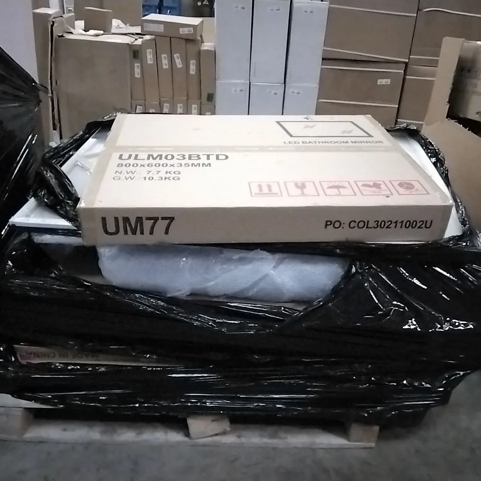 PALLET OF ASSORTED ITEMS INCLUDING LED BATHROOM MIRROR, ARTEZA STRETCHED CANVAS, HORIZON PARASOL