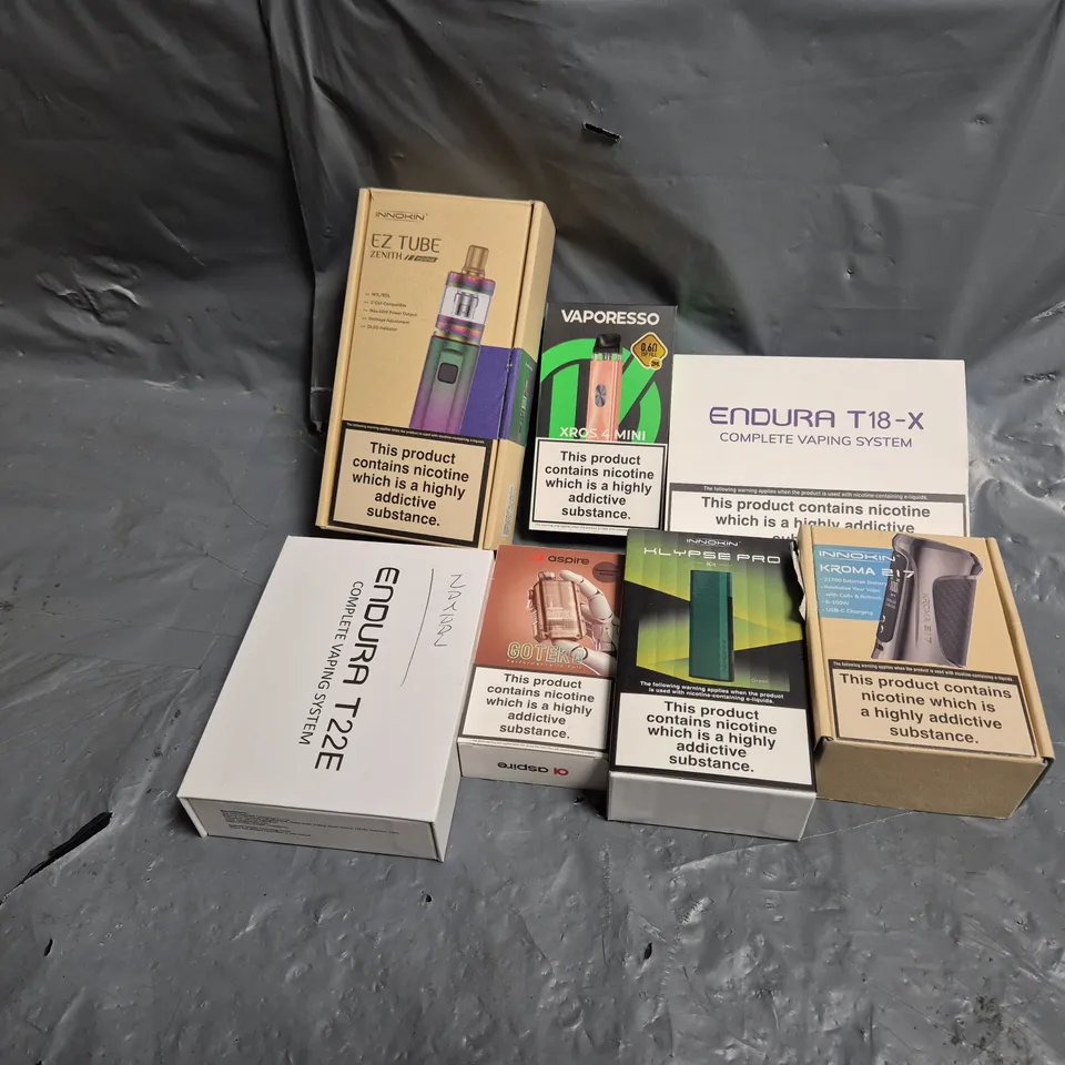 APPROXIMATELY 22 ASSORTED VAPE & E-CIGARETTE PRODUCTS TO INCLUDE INNOKIN KROMA 217, ASPIRE GOTEK, VAPORESSO XROS 4 MINI, ETC