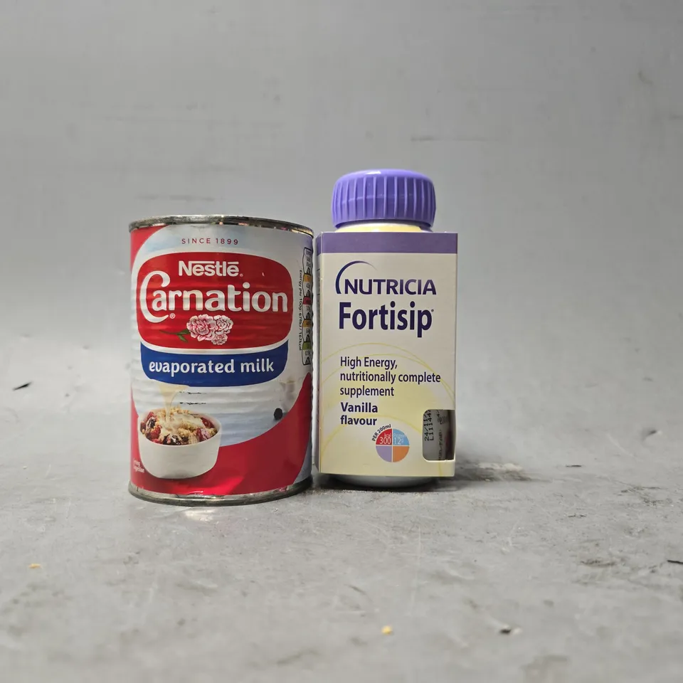 APPROXIMATELY 8 ASSORTED DRINKS ITEMS TO INCLUDE - FORTISIP VANILLA FLAVOUR  , NESTLE EVAPORATED MILK 