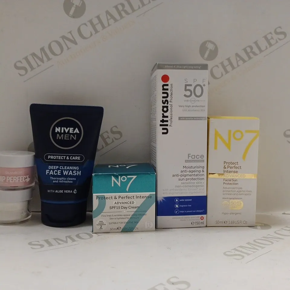 BOX OF APPROX 20 ASSORTED HEALTH AND BEAUTY ITEMS TO INCLUDE - NIVEA MEN DEEP CLEANING FACE WASH - NO7 PROTECT & PERFECT INTENSE ADVANCED SPF 15 DAY CREAM - ULTRASUN SPF 50 FACE MOISTURSING CREAM ECT