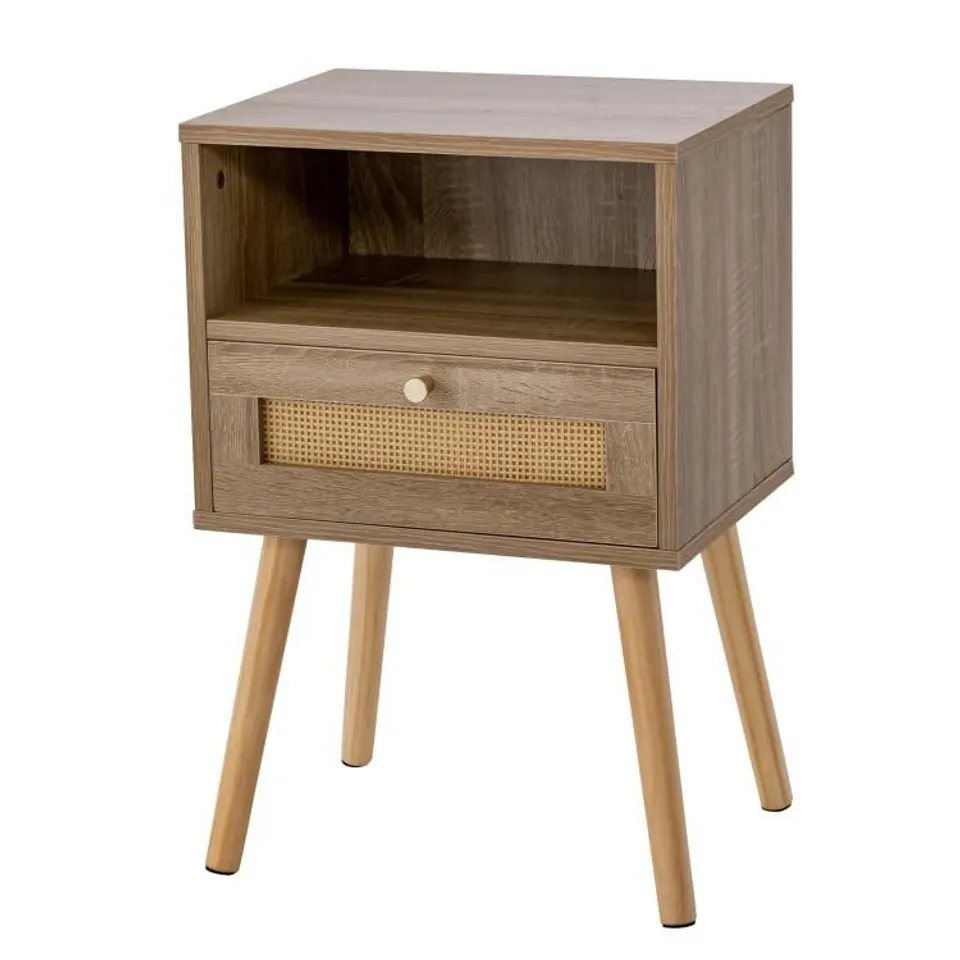 BOXED SINGLE DRAWER SINGLE SHELF NATURAL RATTAN BEDSIDE TABLE