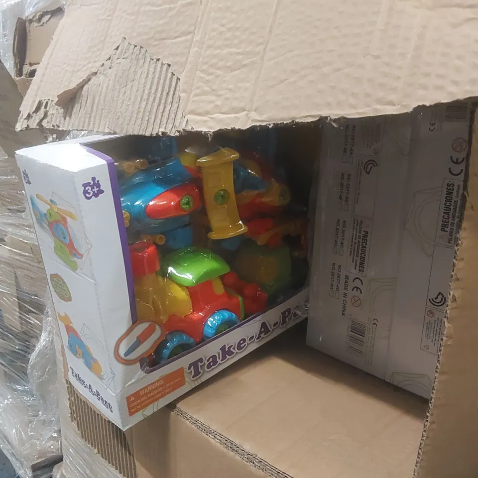 PALLET TO CONTAINING A VERY LARGE QUANTITY OF ASSORTED ITEMS INCLUDING: 20L PRESSURE SPRAYER, TAKE-A-PART TOYS, ASSORTED TOY BAGS, FLY TRAPS ECT