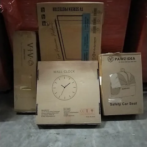 PALLET OF HOUSEHOLD ITEMS TO INCLUDE TV STAND, TV SCREEN PROTECTOR, WALL CLOCK, SAFETY CAR SEAT AND OTHER ASSORTED ITEMS...