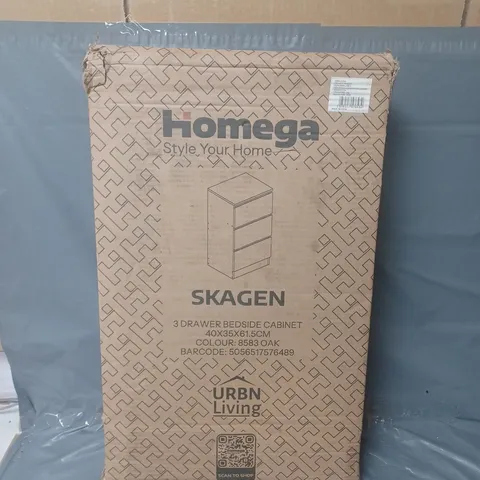 BOXED HOMEGA SKAGEN 3 DRAWER BEDSIDE CABINET IN OAK - COLLECTION ONLY