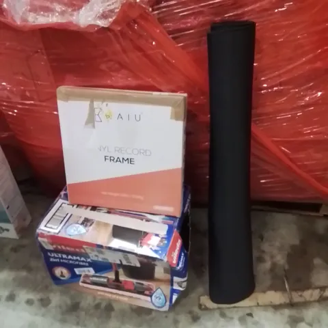PALLET OF ASSORTED HOUSEHOLD GOODS AND PRODUCTS TO INCLUDE;MOUSE MAT,VINYL RECORD FRAME,MOP