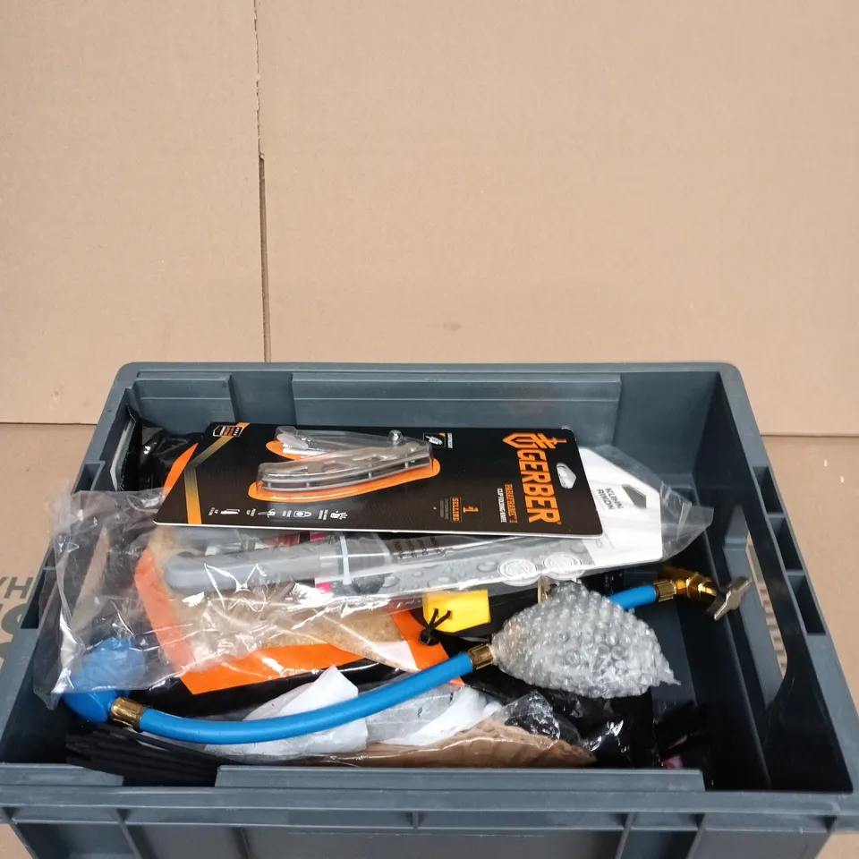 TOTE OF APPROXIMATELY 10 ASSORTED ITEMS INCLUDING GERBER PARAFRAME I CLIP FOLDING KNIFE, KUHN RIKON SECURE GRIP PARING KNIFE SET 2PCS AND SONUBAITS SUPER CRUSH MARGIN CARP GROUNDBAIT